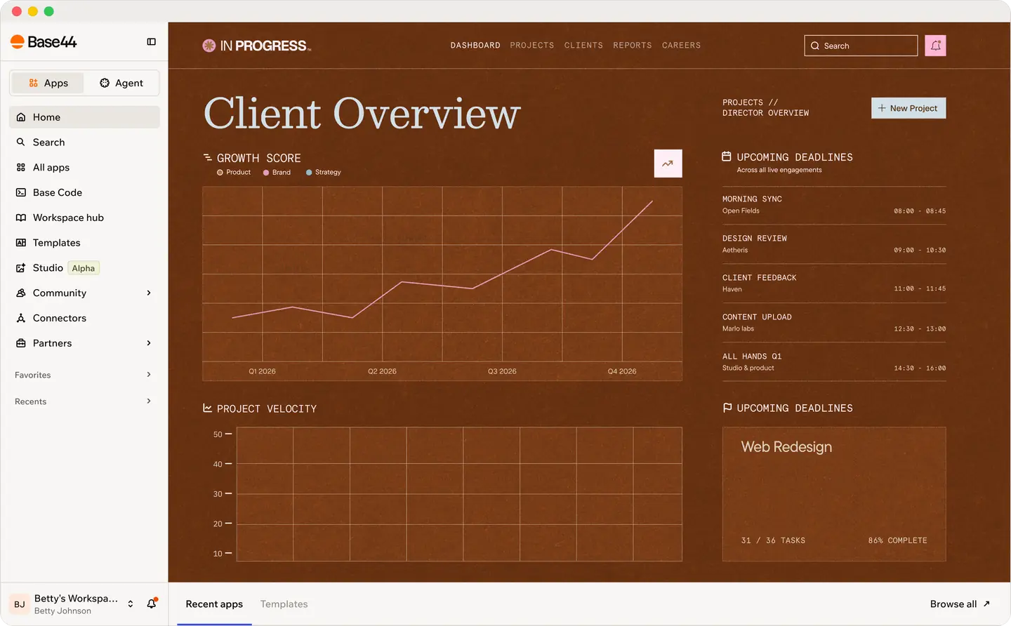 The Base44 desktop app open on its Home screen, showing a client dashboard built with Base44