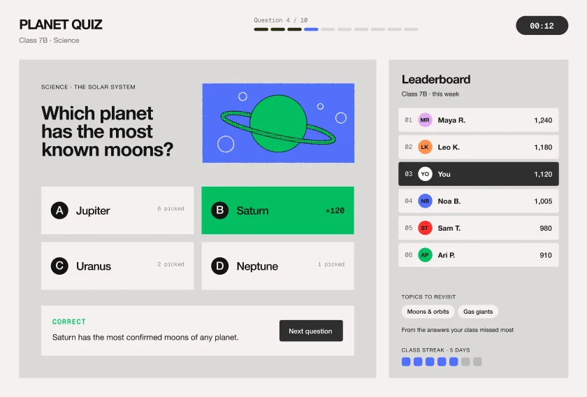 Planet Quiz, a class trivia game with a live leaderboard