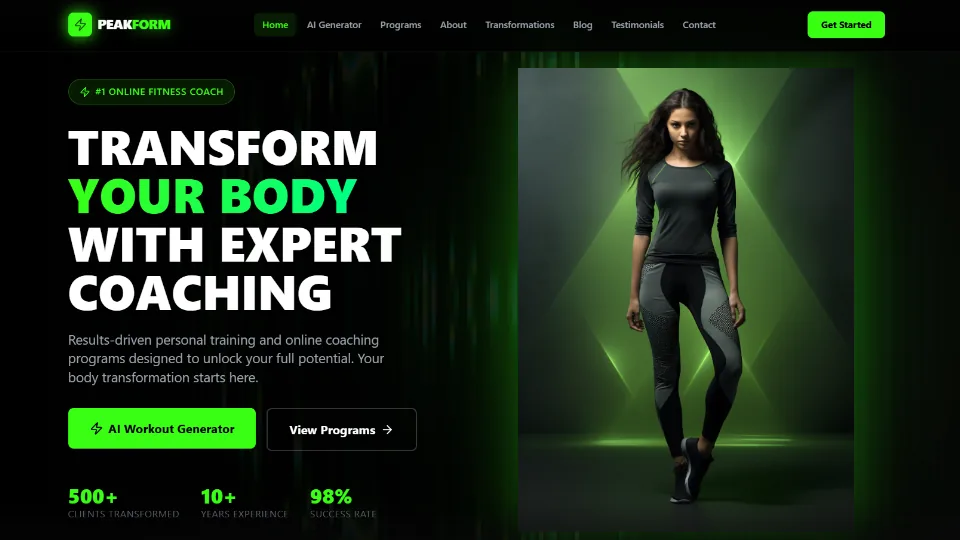 Personal trainer website template built with Base44 – coaching programs, results and a consult form.