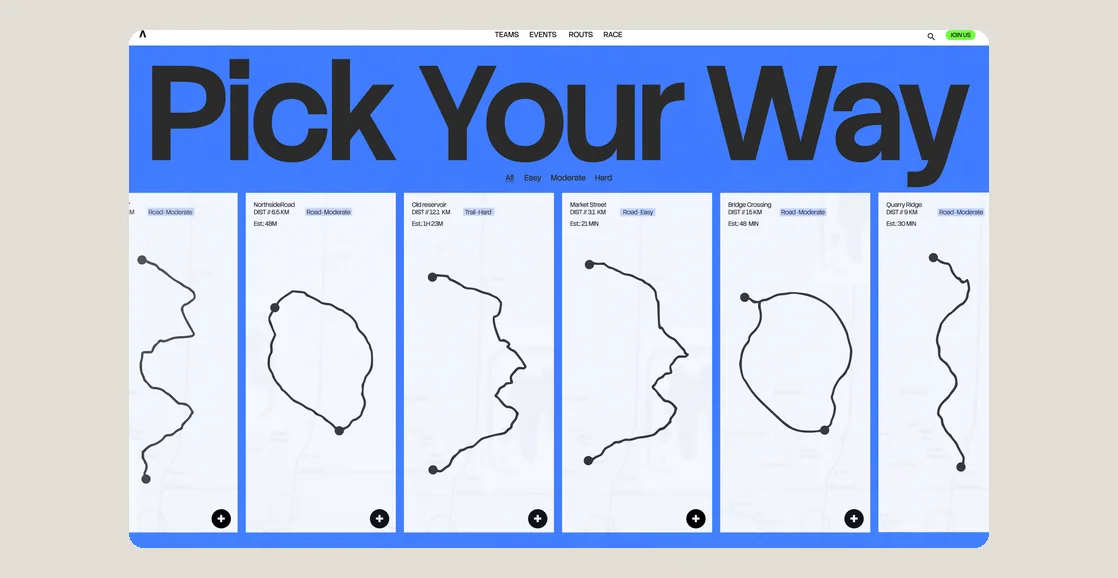 Fitness website built with Base44 – a running club homepage listing routes as cards, each with its distance, estimated time and a difficulty tag