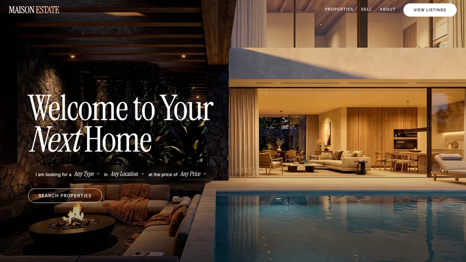 Real estate agency website template built with Base44 – a modern grid of property listings.