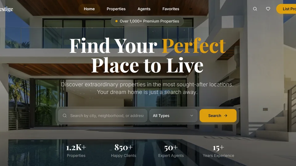 Premium brokerage website template built with Base44 – a luxury property portfolio and agent team.