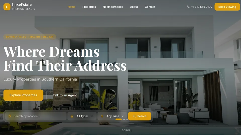 Property listings gallery template built with Base44 – large photography and property detail pages.