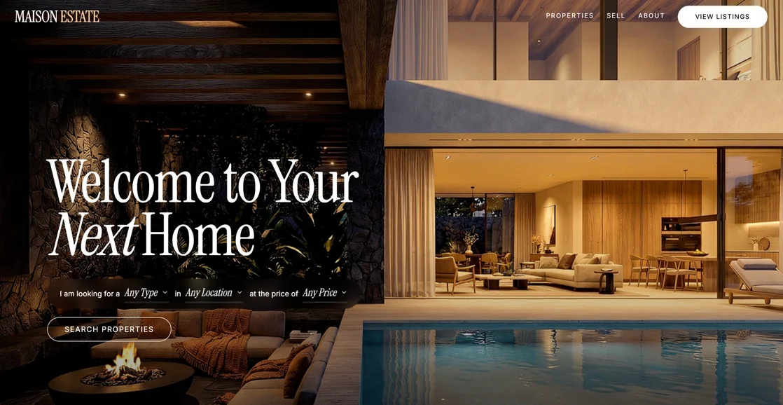 Real estate website built with Base44 – a listings gallery with photos, prices and an enquiry button
