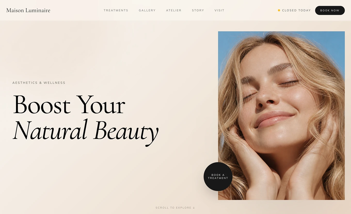 Business website built with Base44 – a beauty salon homepage with a treatments menu, opening hours and a Book Now button